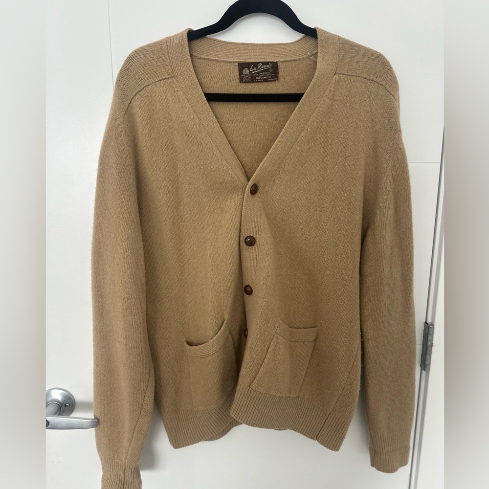 Vintage La Ronde Lambswool Cardigan Sweater Tan Button Up Classic